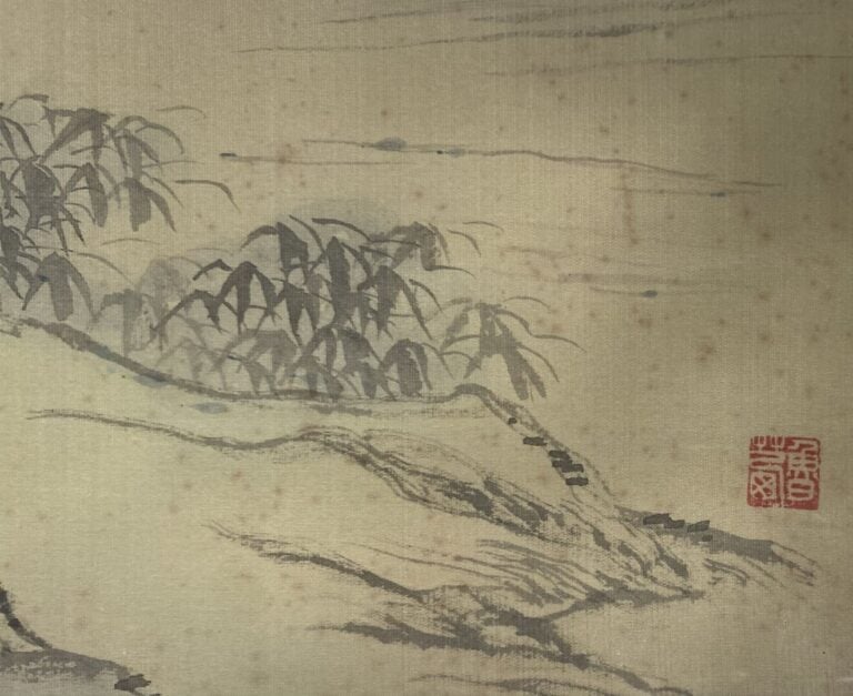 Chine - Cavalier dans un paysage de rivière - Peinture sur soie - Cachet en bas…