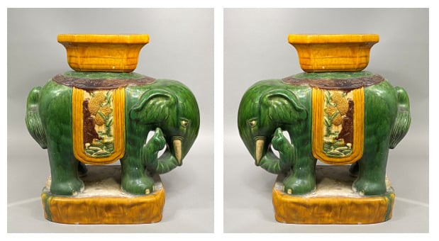 Chine du Sud ou Vietnam - Paire de sellettes en céramique émaillée polychrome e…