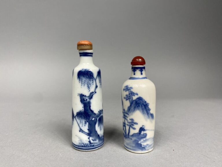 Chine - Ensemble de deux flacons / tabatières en porcelaine bleu blanc à décor…