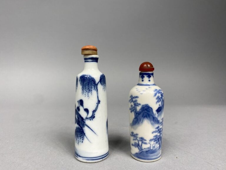 Chine - Ensemble de deux flacons / tabatières en porcelaine bleu blanc à décor…