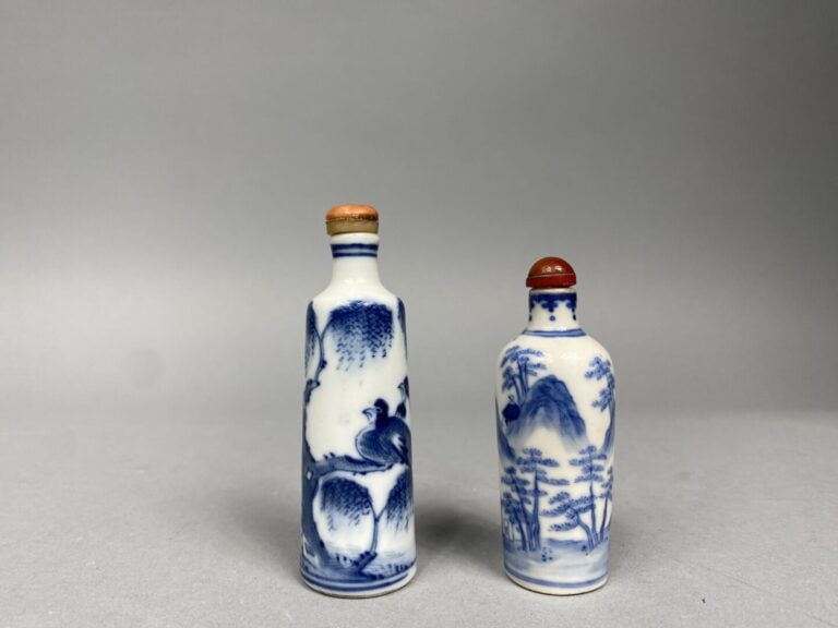 Chine - Ensemble de deux flacons / tabatières en porcelaine bleu blanc à décor…