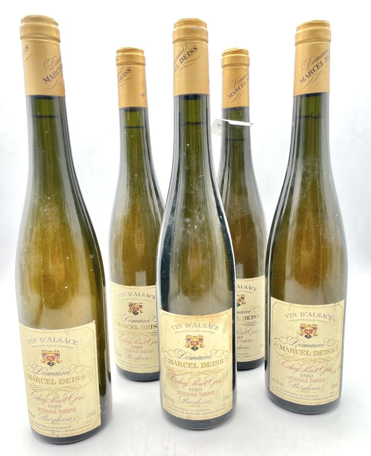 Cinq bouteilles d'ALSACE - BERGHEIM - Marcel DEISS. 1989. Étiquettes légèrement…