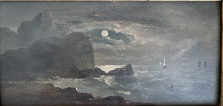 Ecole fin XIXème - Marine au clair de lune - Huile sur panneau - 17.5 x 36 cm