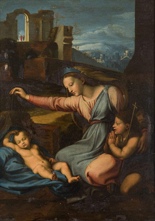 Ecole FRANCAISE du XVIIe siècle, d'après RAPHAEL - La Vierge au diadème bleu -…