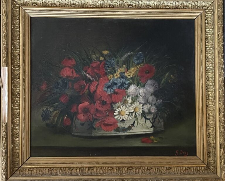 Ecole Française XXème - Nature-morte aux coquelicots et marguerites - Huile sur…