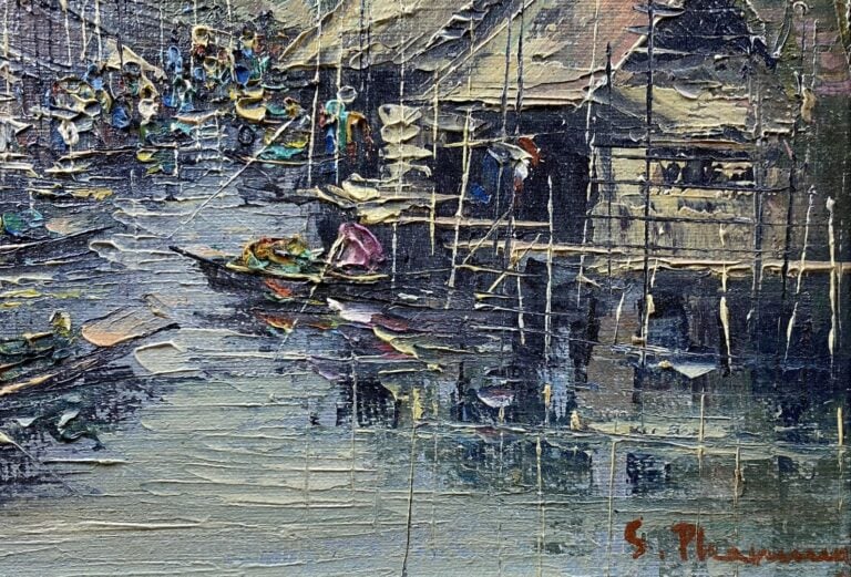 Ecole vietnamienne du XXe siècle - Marché flottant - Huile sur toile contrecoll…
