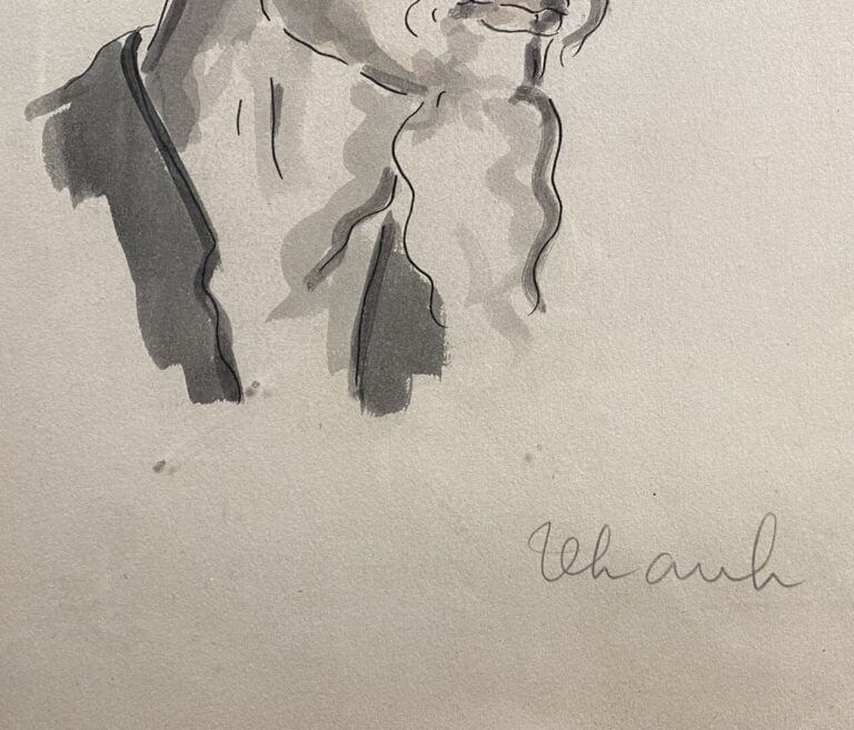 Ecole vietnamienne du XXe siècle - Portrait de vieillard - Feutre noir et aquar…