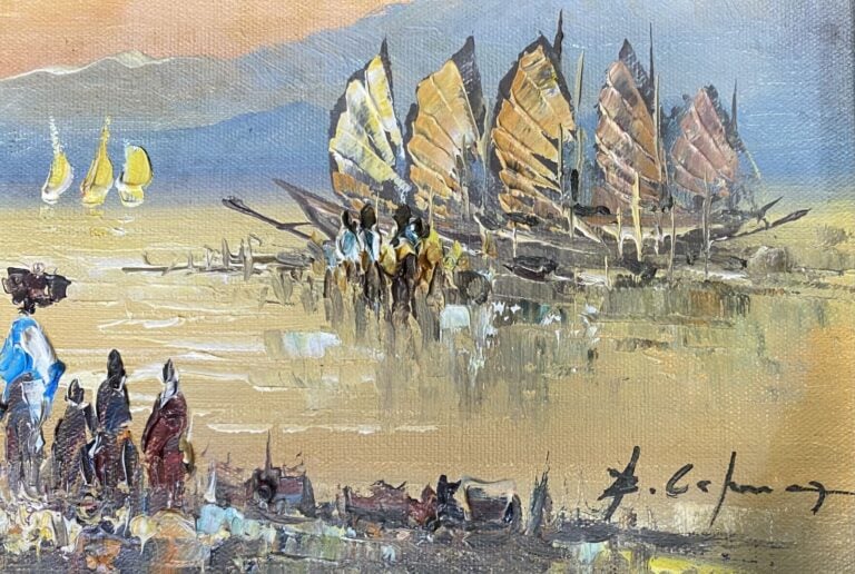 Ecole vietnamienne du XXe siècle - Sampans dans la baie - Huile sur toile - Sig…