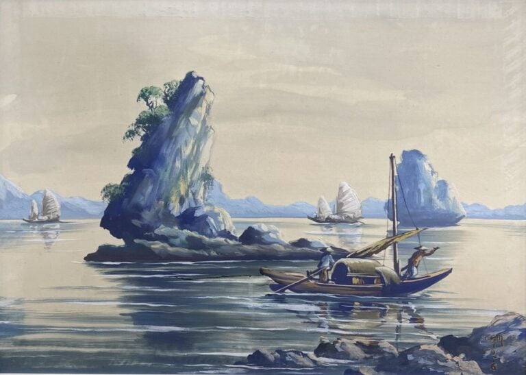 Ecole vietnamienne - Sampans naviguant dans la baie - Deux peintures sur soie -…