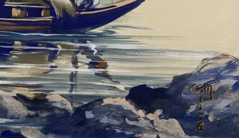 Ecole vietnamienne - Sampans naviguant dans la baie - Deux peintures sur soie -…