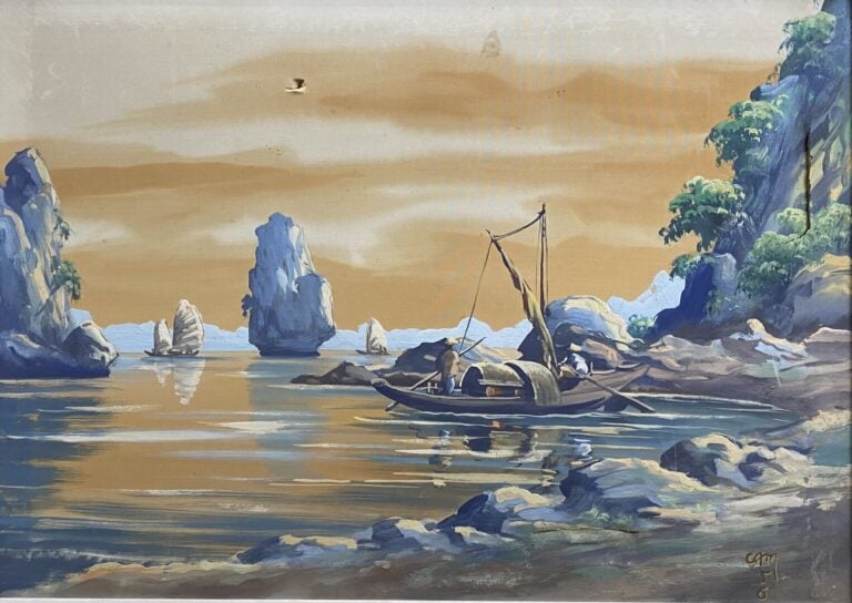 Ecole vietnamienne - Sampans naviguant dans la baie - Deux peintures sur soie -…