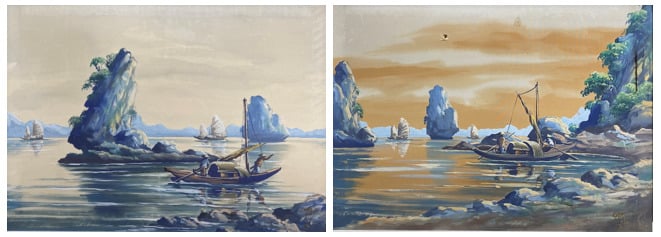 Ecole vietnamienne - Sampans naviguant dans la baie - Deux peintures sur soie -…