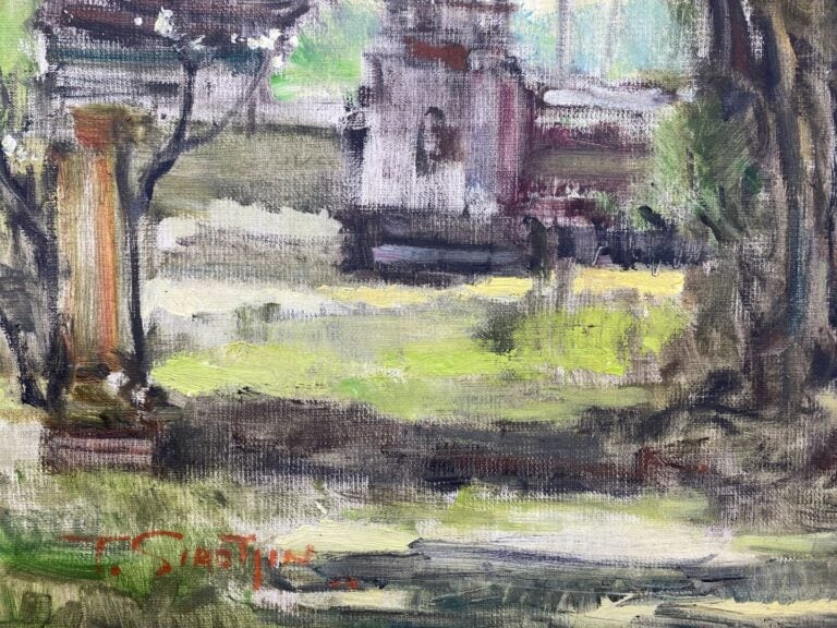 Ecole vietnamienne - Vue de la porte de ville - Huile sur toile - Signée en bas…