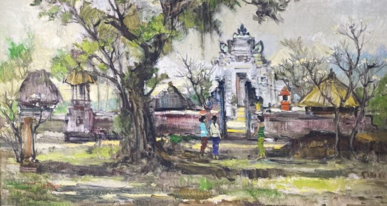 Ecole vietnamienne - Vue de la porte de ville - Huile sur toile - Signée en bas…