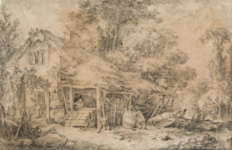 François BOUCHER (Paris 1703 - 1770) - Vue animée d'une ferme - Pierre noire -…