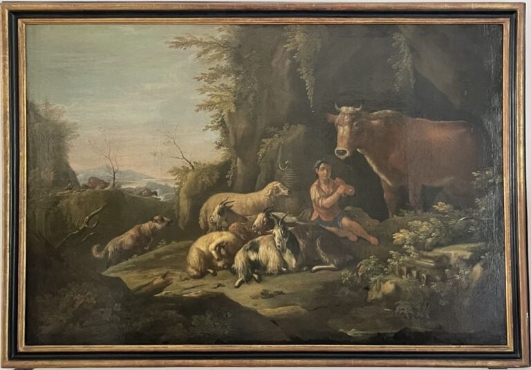 Giuseppe TASSONI (1653-1737) - Jeune berger et son troupeau - Huile sur toile,…