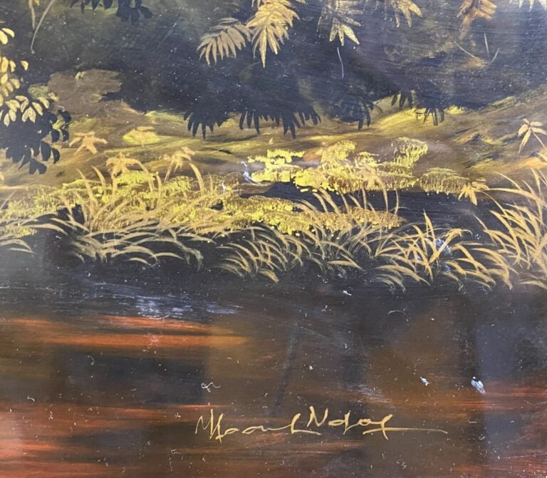 HOANG NGOC - Village aux palmiers au bord d'une rivière - Panneau de bois laqué…