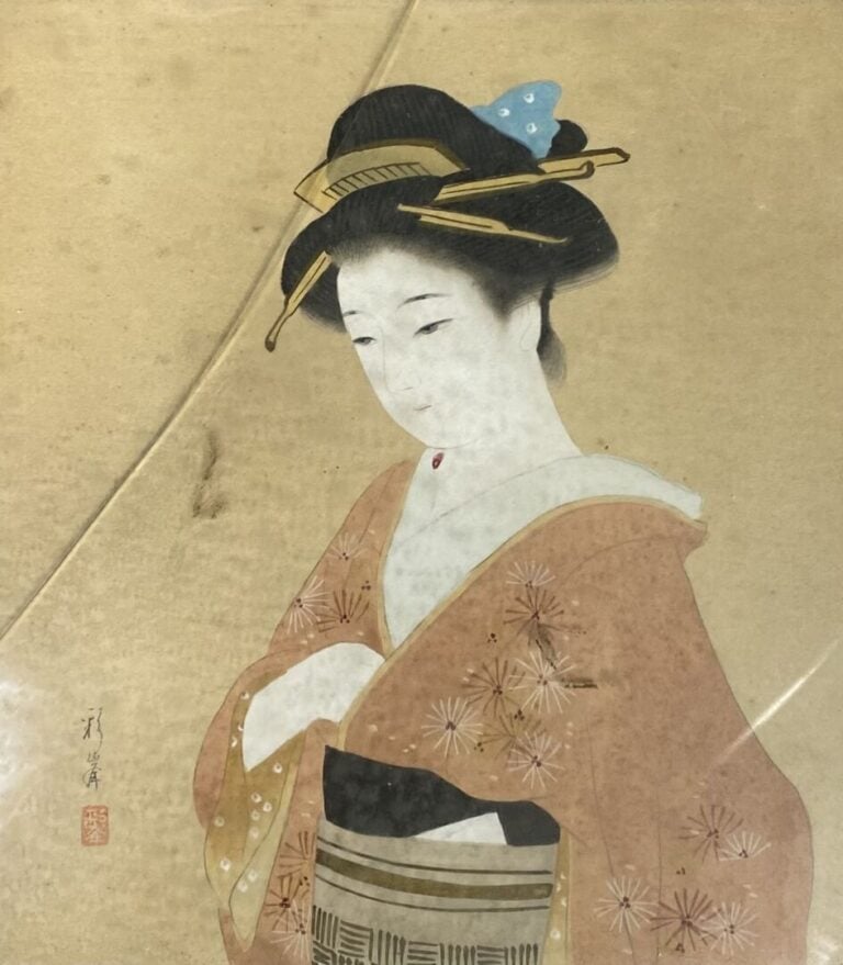 Japon - Geisha au kimono rose à fleurs - Estampe - Cachet - (vitre cassée)