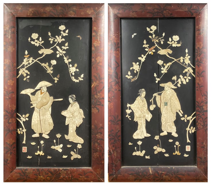 Japon - Suite de deux panneaux en bois à décor d'incrustations d'os et nacre fi…