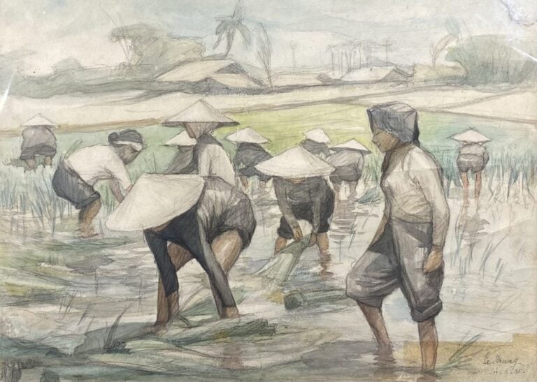 LE TRANG ? - Paysans à la risière - Aquarelle et crayon sur papier - Signé en b…