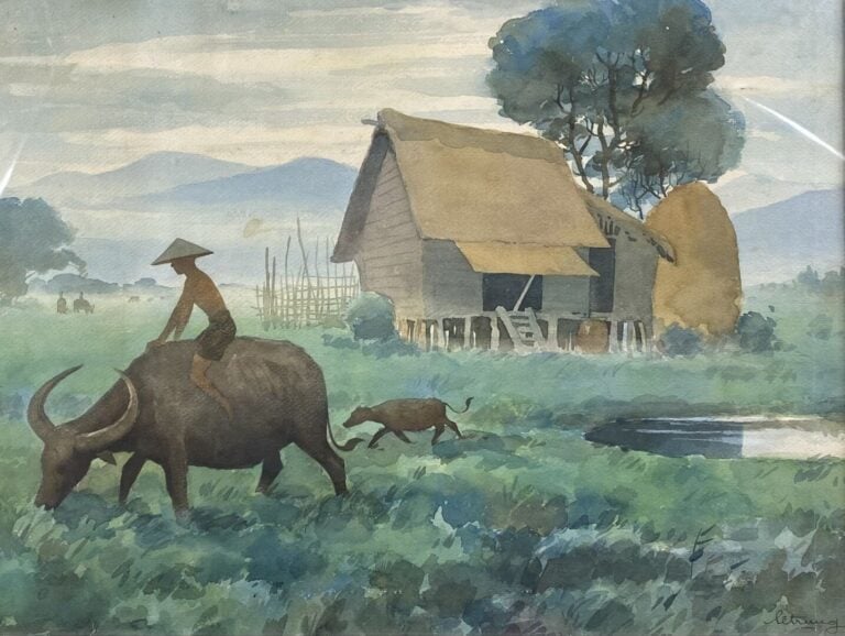 Lê TRUNG (1919) - Bouviers dans un paysage - Aquarelle - Signé en bas à droite…