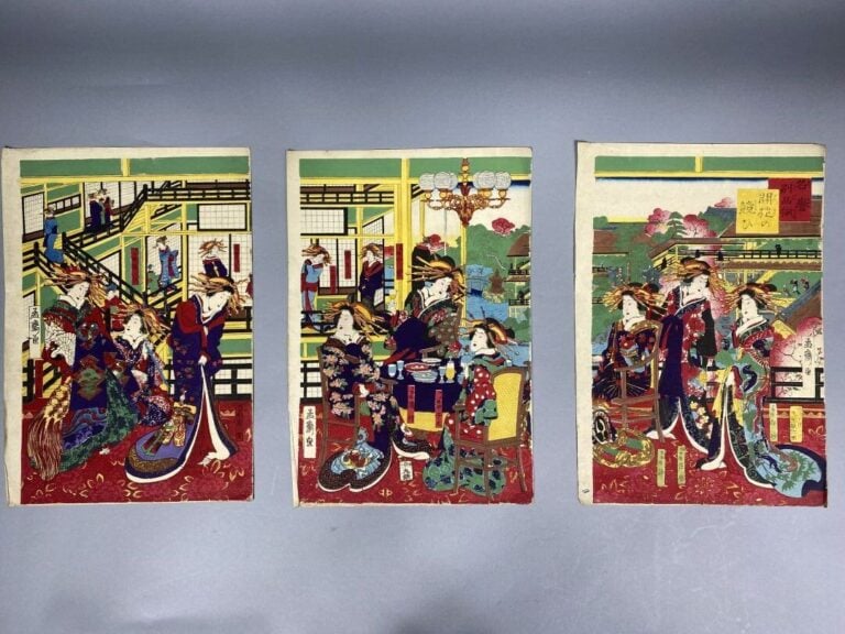 Mosai (act. vers 1836-1881) - Triptyque, oban tate-e, femmes de cour déjeunant.…
