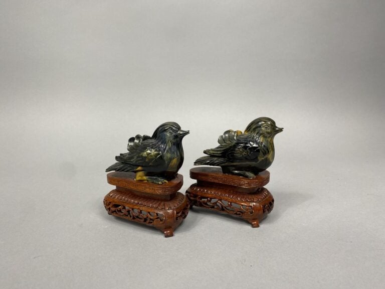 Paire de petits canards en oeil du tigre sculptée accompagnés de leur socle en…