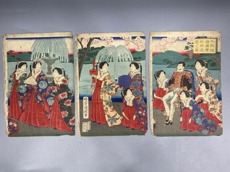 Utagawa Kuniaki II (1835-1888) - Triptyque, oban tate-e, Visite impériale du sa…