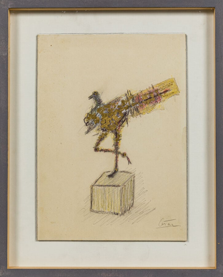 CÉSAR (1921-1998) - Portrait de poulette - Technique mixte sur papier contrecol…