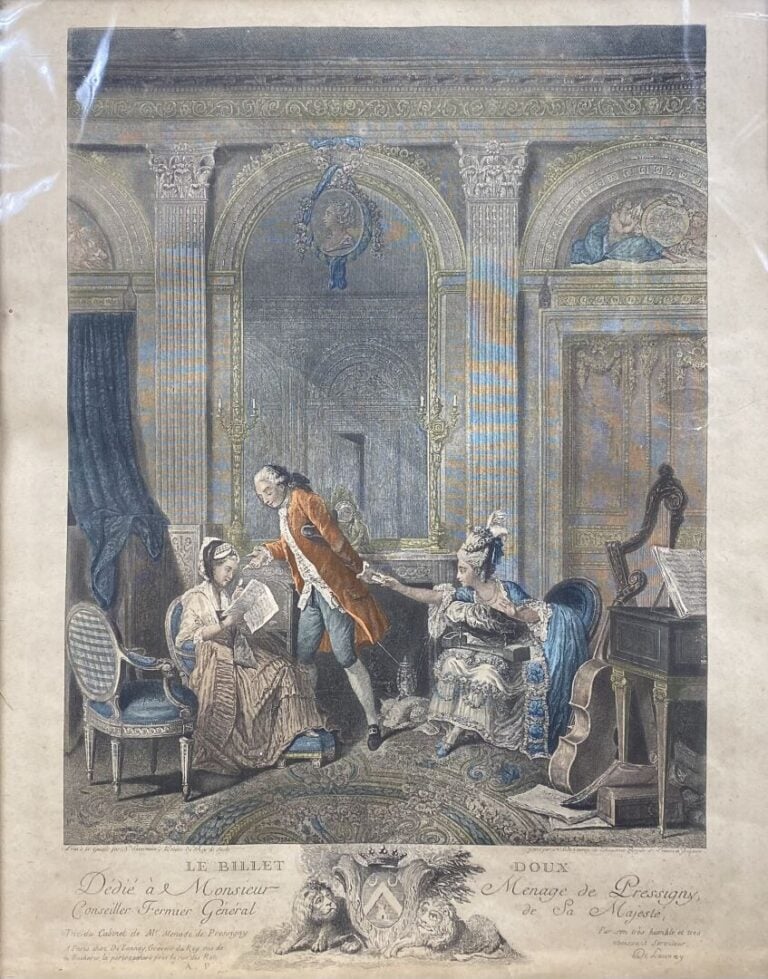 Deux gravures en couleurs encadrées comprenant : - - Le billet doux - - Le goût…