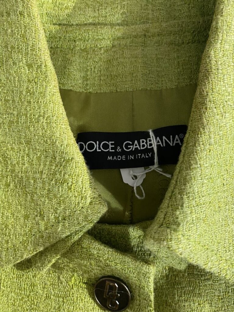 DOLCE GABBANA - Veste tailleur en dans les tons vert, quatre poches plaquées av…