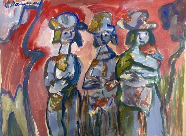 Ecole du XXe siècle - Scène animée aux trois personnages - Gouache sur carton -…