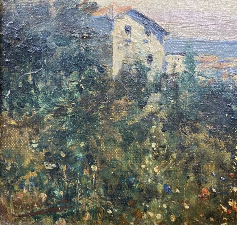 Ecole du XXe siècle - Vue de ville de bord de mer - Huile sur toile - Porte une…