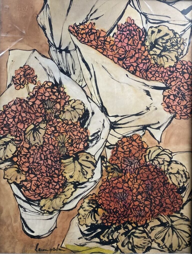Ecole moderne - Bouquets de fleurs - Technique mixte - Porte une signature en b…