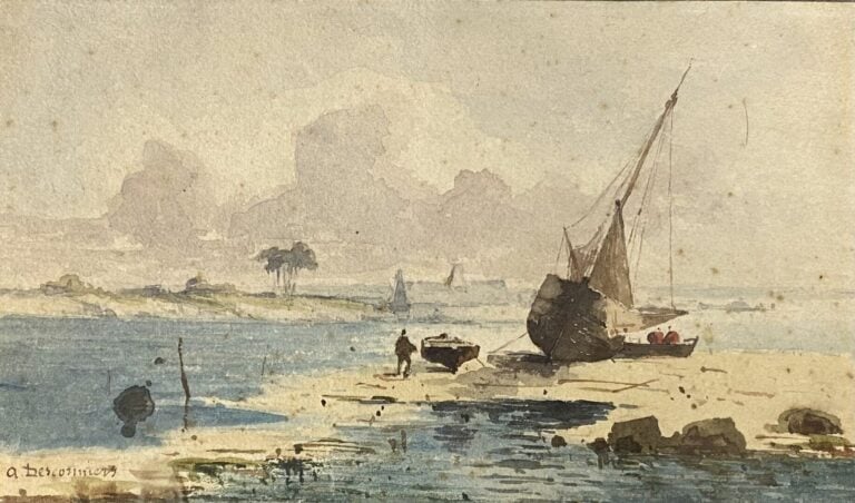 Ecole XXe siècle - Bateaux à marée basse - Aquarelle - Porte une signature en b…