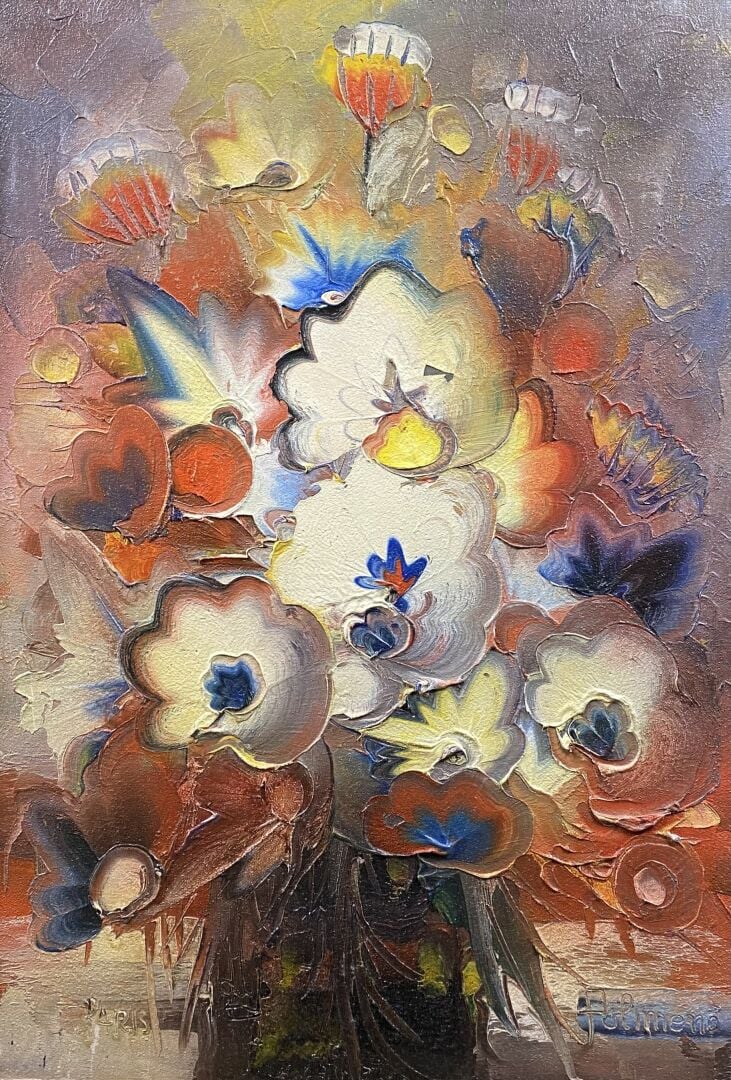 Ensemble de 5 pièces encadrées comprenant huiles sur toile et une lithographie…