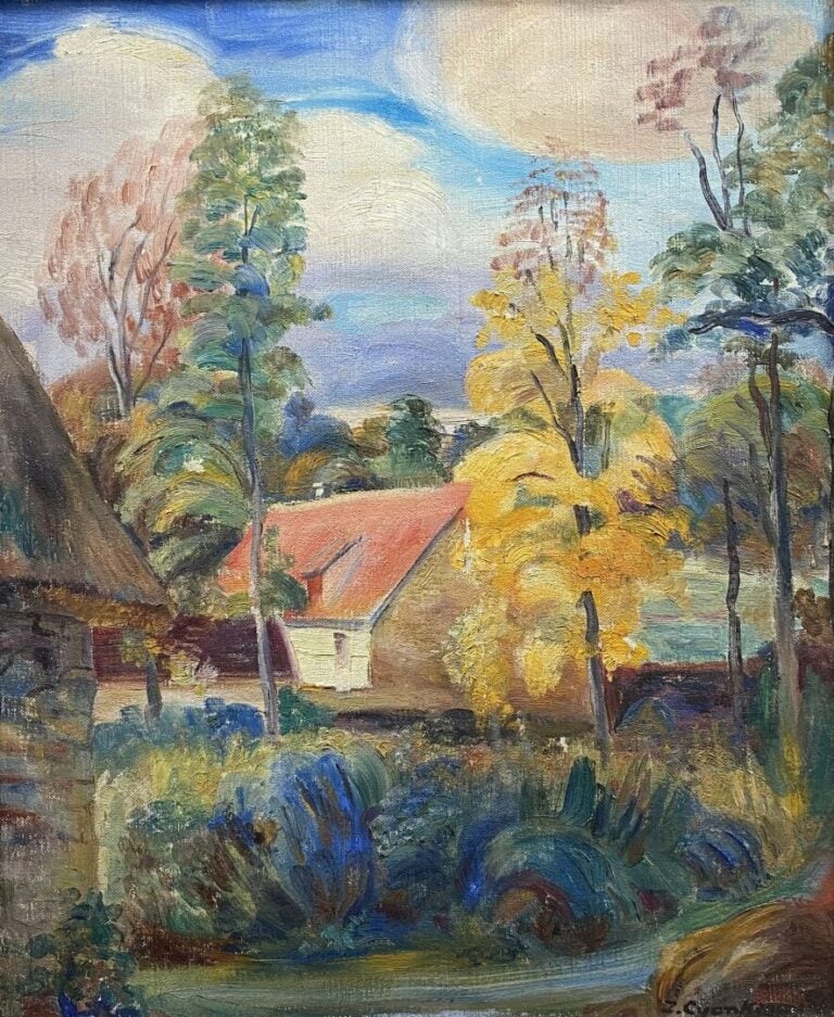 Ensemble de 5 pièces encadrées comprenant huiles sur toile et une lithographie…
