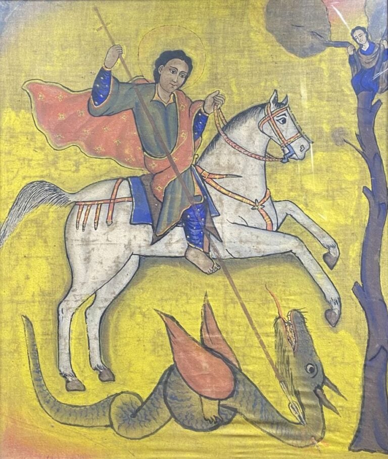 ETHIOPIE - Tissu encadré représentant Saint Georges terrassant le dragon - 59 x…