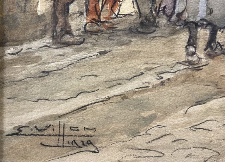 Eugène VILLON (1879-1951) - Scène animée dans une ruelle - Aquarelle et crayon…