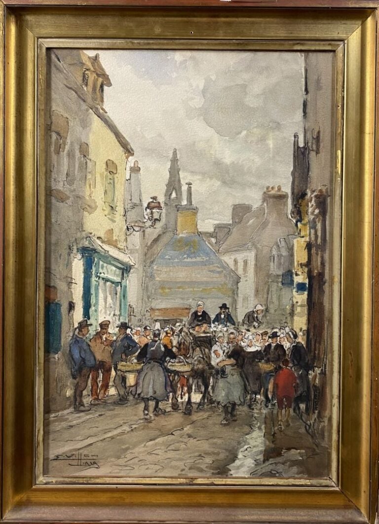 Eugène VILLON (1879-1951) - Scène animée dans une ruelle - Aquarelle et crayon…