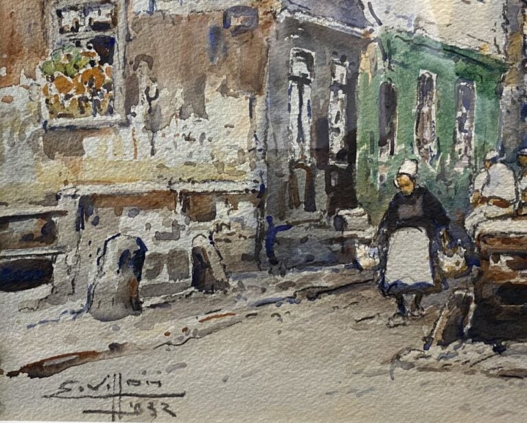 Eugène VILLON (1879-1951) - Vue de la cathédrale de Rouen ? - Aquarelle et cray…