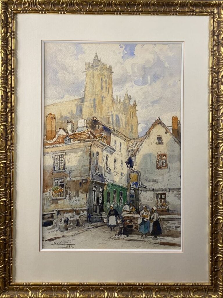 Eugène VILLON (1879-1951) - Vue de la cathédrale de Rouen ? - Aquarelle et cray…