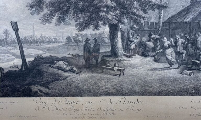 Gravure encadrée "Vue d'Anvers, ou Vue de Flandres" à Mr Michel Ange Slodtz Scu…