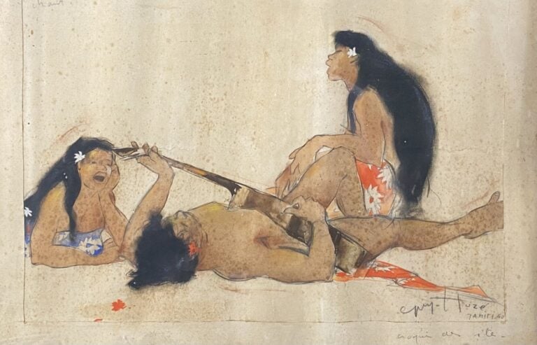 Guy HUZE (1912-1997) - Chant - Fusain et aquarelle - Signé, situé Tahiti, daté…