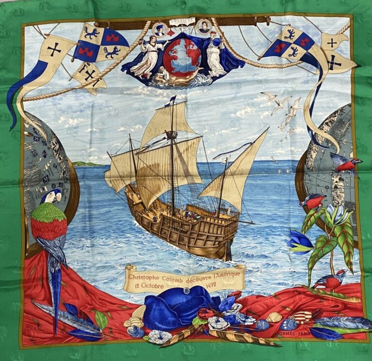 HERMÈS Paris - Carré en twill de soie imprimé titré "Christophe Colomb découvre…