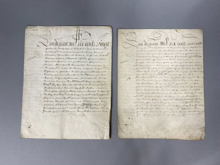 Lot de 4 documents notariés anciens, manuscrits sur peau de vélin - Documents d…