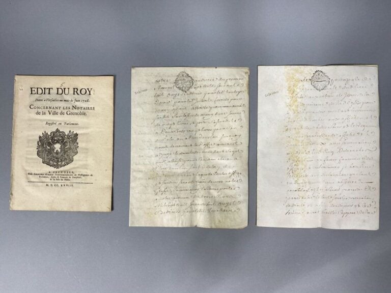 Lot de 4 documents notariés anciens, manuscrits sur peau de vélin - Documents d…