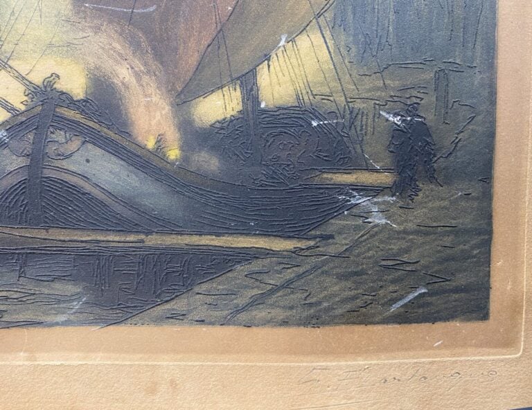 Lot de 6 pièces encadrées dont lithographies, huile sur carton, reproduction re…