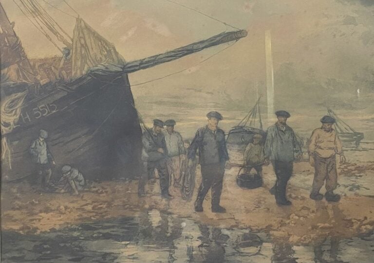 Lot de 6 pièces encadrées dont lithographies, huile sur carton, reproduction re…