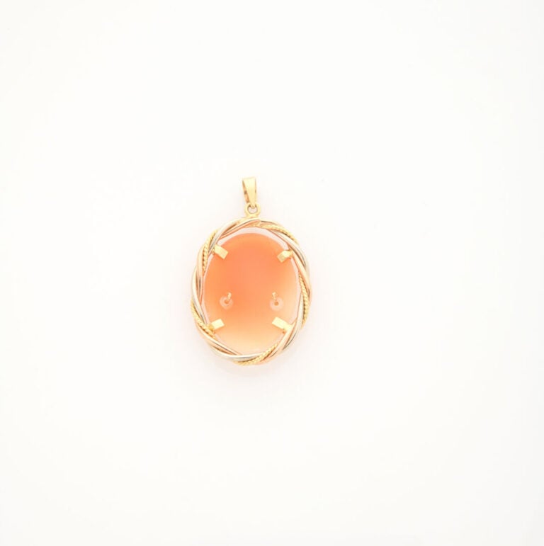 Pendentif ovale en or jaune (750) orné d'un camée coquillage représentant un pr…